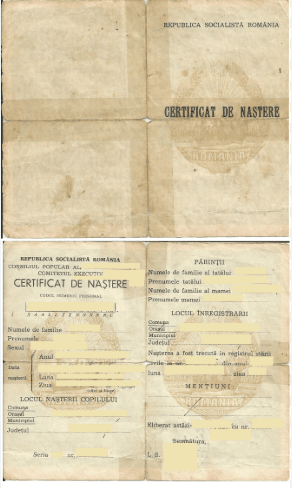 Certificado de nacimiento rumano emitido durante la época de la República Socialista de Rumanía.