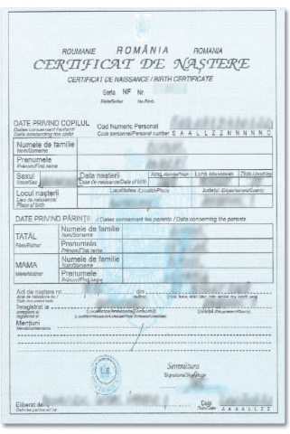 certificado de nacimiento rumano azul inglés francés
