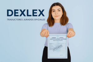 Mujer sostiene un certificado de nacimiento rumano frente al logotipo de DexLex Traductores Jurados Oficiales