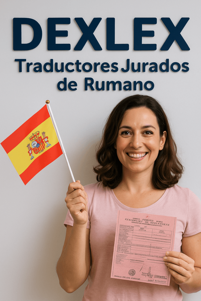 Mujer con la bandera de España y un certificado de matrimonio rumano frente al cartel de Dexlex, símbolo de inscribir matrimonio rumano en el Registro Civil español.