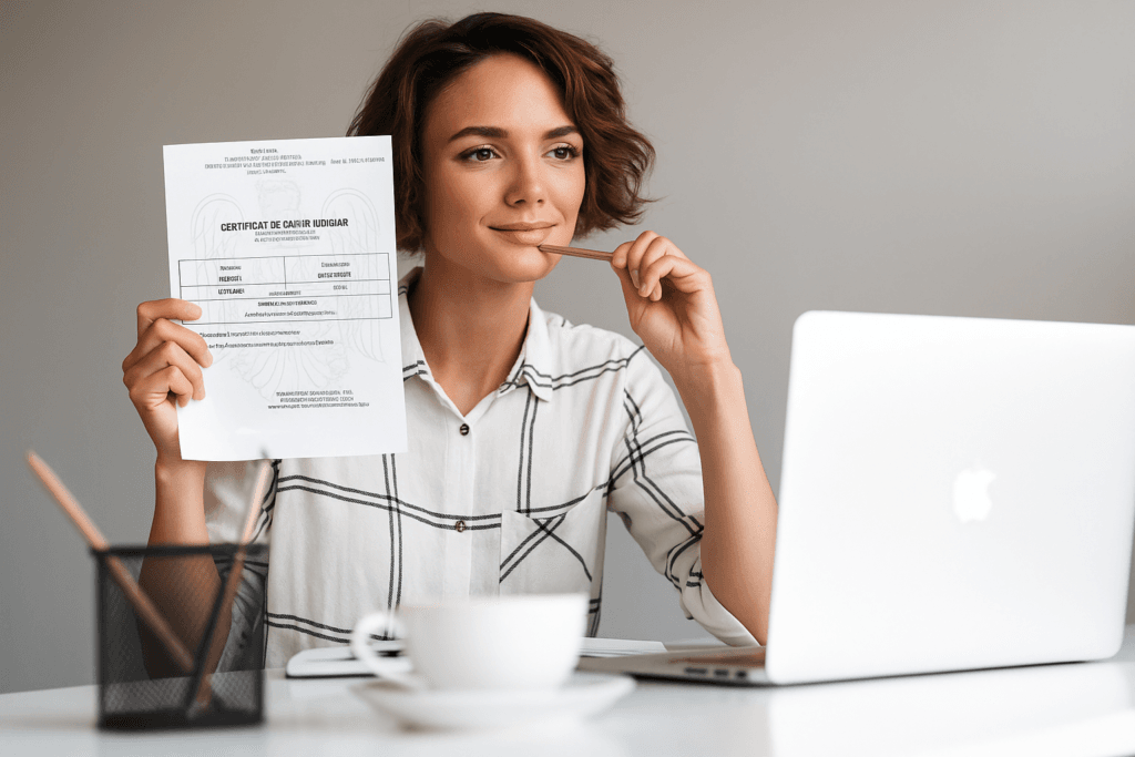 Mujer en oficina mostrando un certificado de antecedentes penales de Rumanía frente al ordenador.